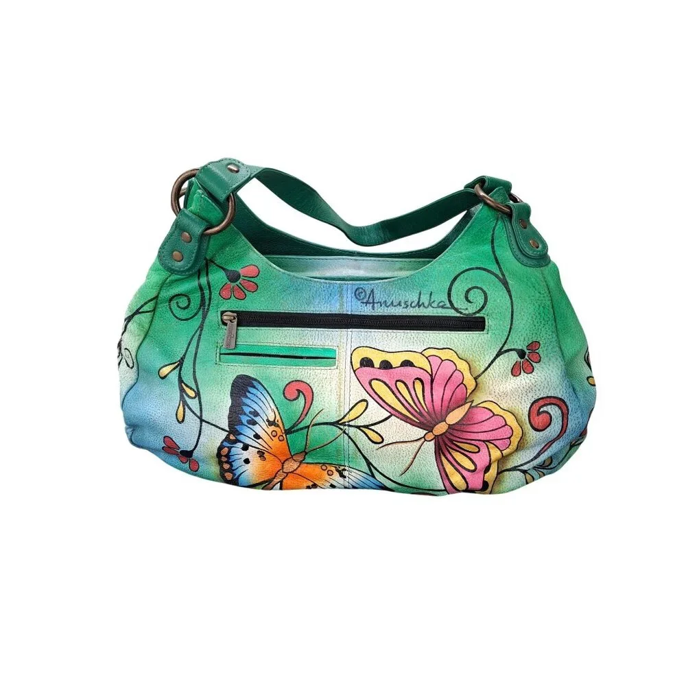 Anuschka Purse Leather Shoulder Bag Large Satchel Hobo Butterfly Floral Green